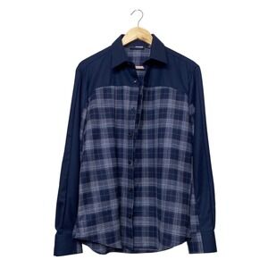 Murano Mens Slim Fit Button Down Shirt Navy Blue Plaid Mixed Media Long Sleeve L